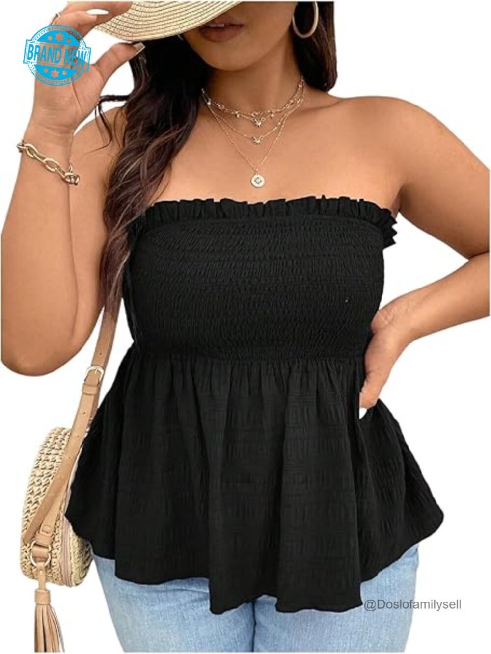 Plus Size Strapless Ruffle Hem Tube Top Bandeau Peplum Top Smocked Sleeveless